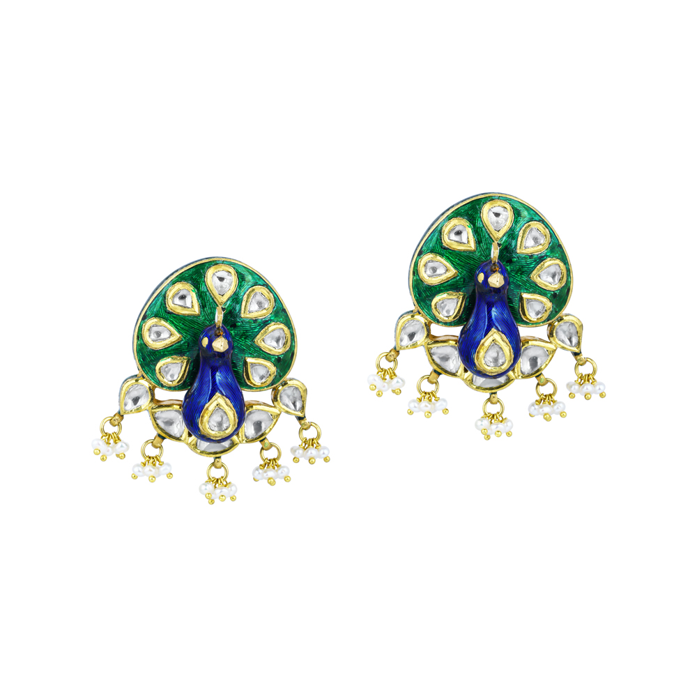 Peacock Motif Polki Earrings with Enamel and Pearls Cluster